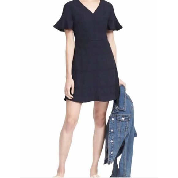 Banana Republic Flutter Sleeve Fit Flare Navy Dress With Pockets Size 4 - Picture 6 of 15